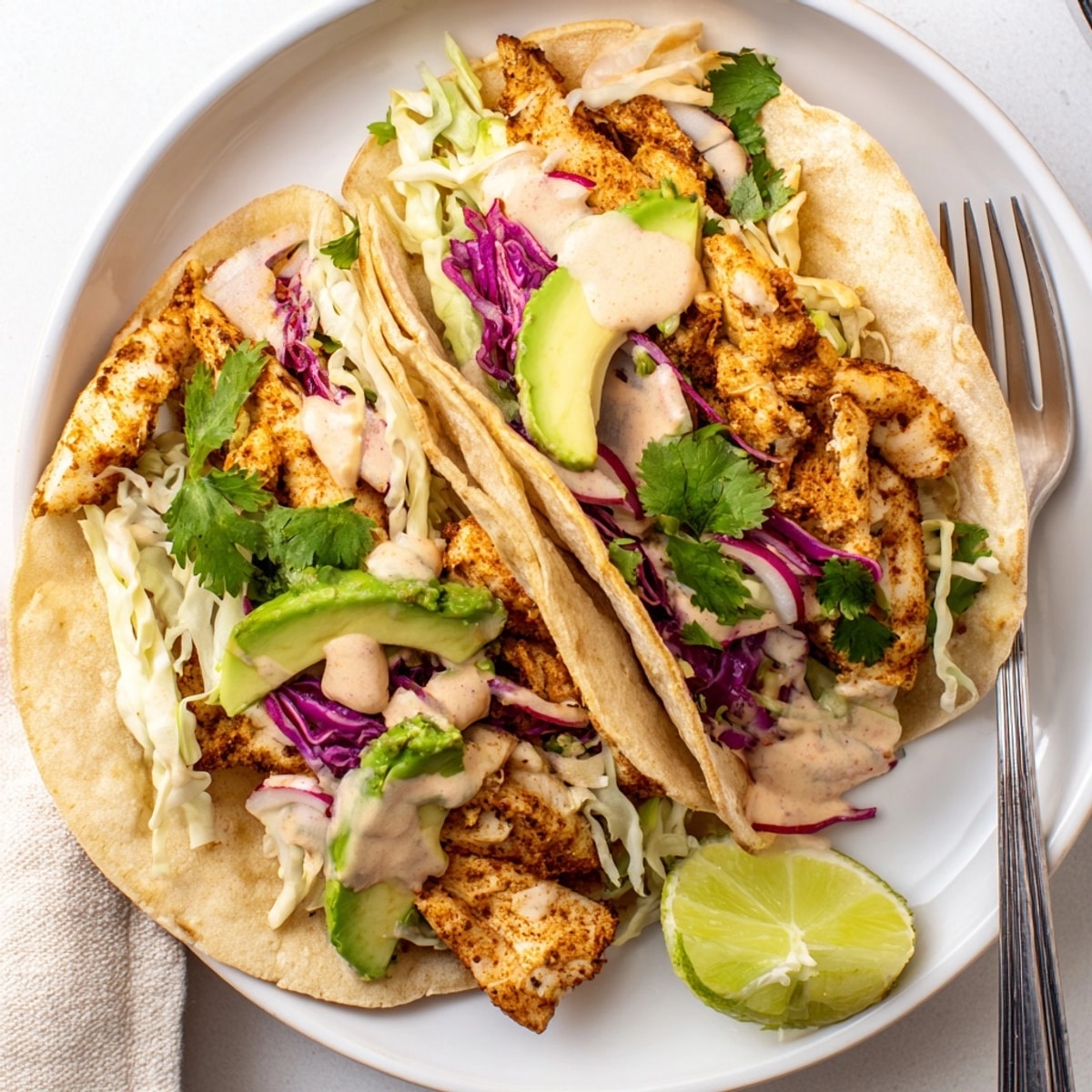 Zarte, geröstete Fisch-Tacos mit Chipotle und Limette, belegt mit frischem, farbenfrohem Gemüse.