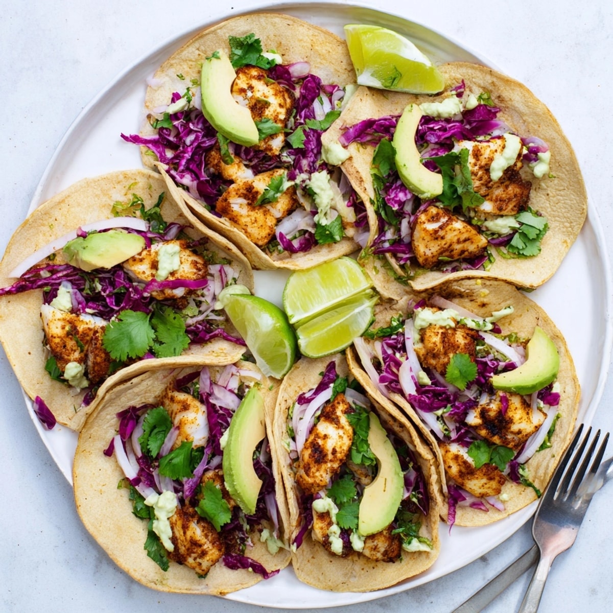 Ein appetitliches Gericht mit Chipotle Lime Roasted Fish Tacos, mit saftigem Fisch und lebendigen Toppings.