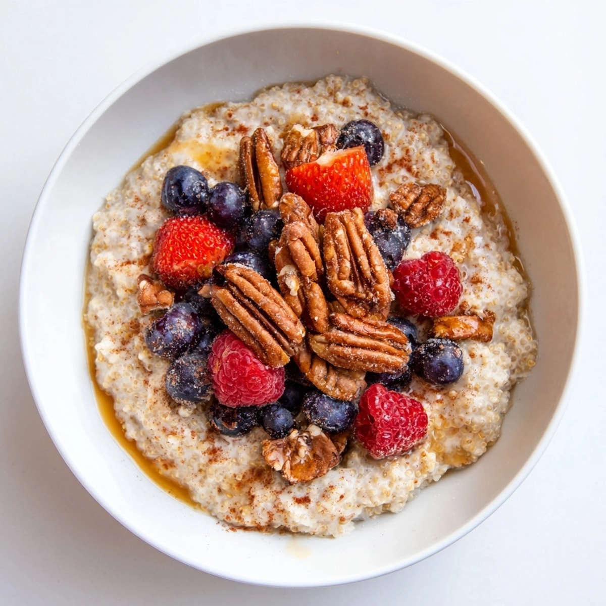 Eine dampfende Schüssel Maple Pecan Frühstücks-Quinoa, garniert mit goldenen Nüssen und leuchtenden Beeren.