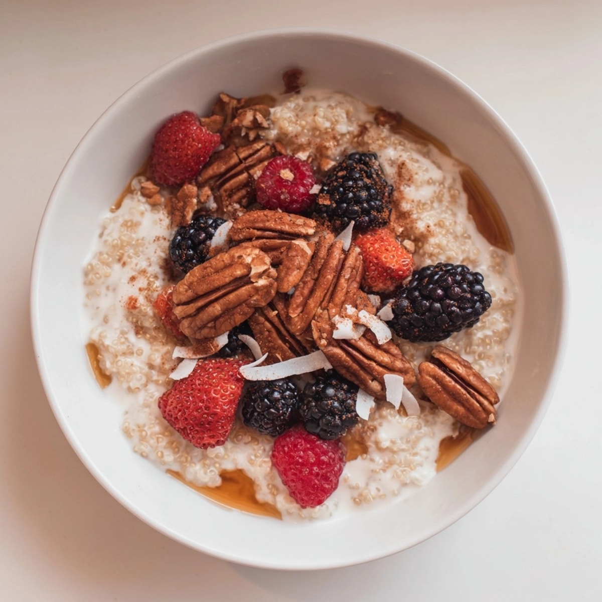 Cremiges Maple Pecan Frühstücks-Quinoa Rezept, schnell zubereitet, verziert mit knusprigen Pekannüssen für eine gesunde Mahlzeit.