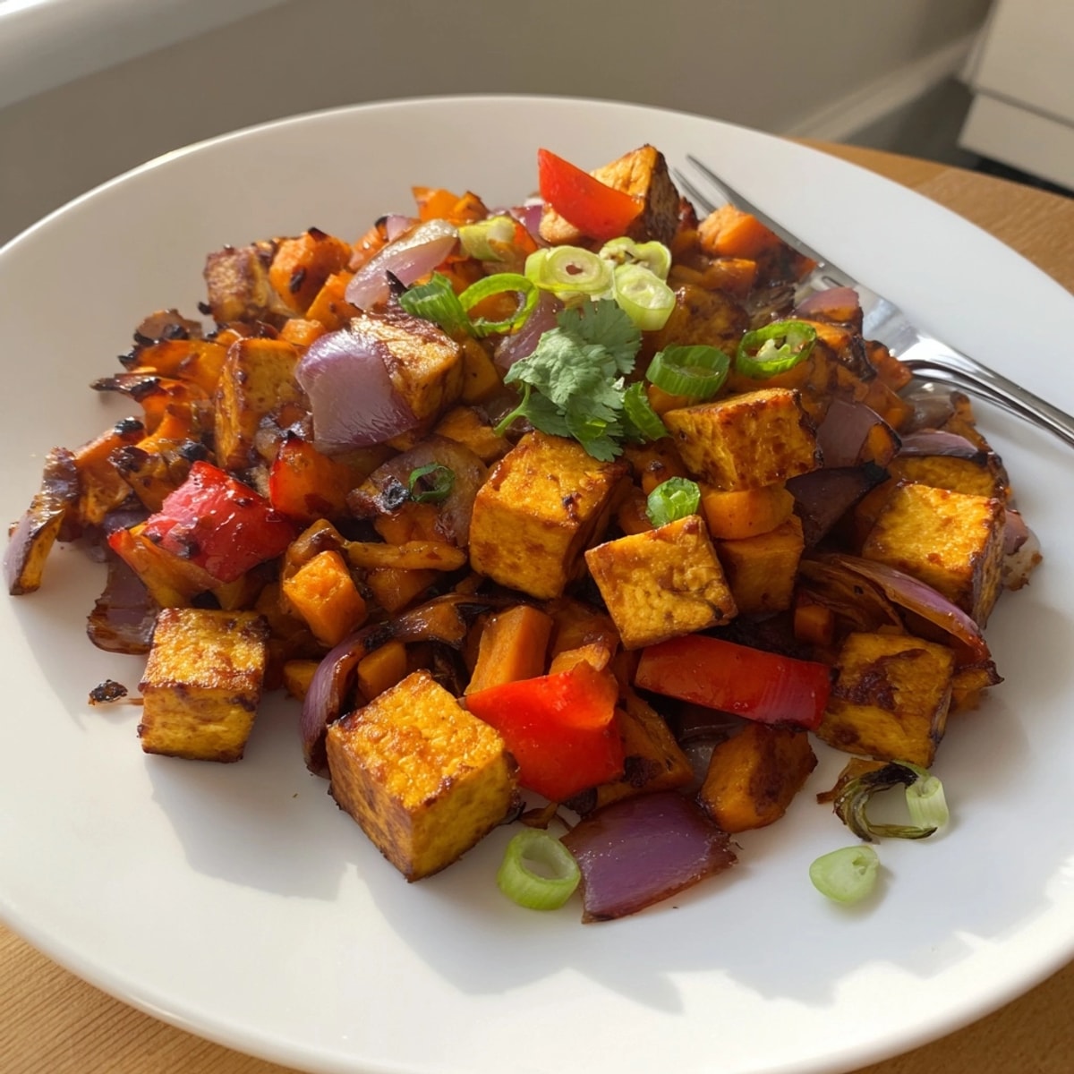 Geräucherter BBQ Tofu und Süßkartoffel-Hash auf einer rustikalen Pfanne, duftend und dampfend.