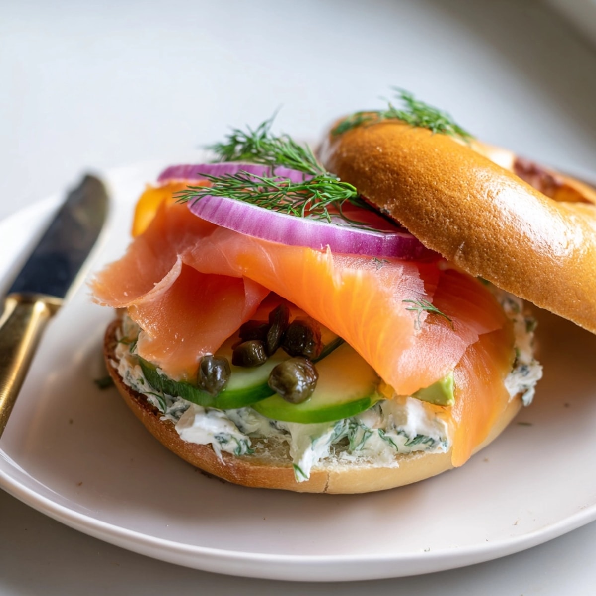 Herzhafte Smoked Salmon & Dill Bagel Sandwiches mit cremigem Frischkäse, ideal für den Brunch.