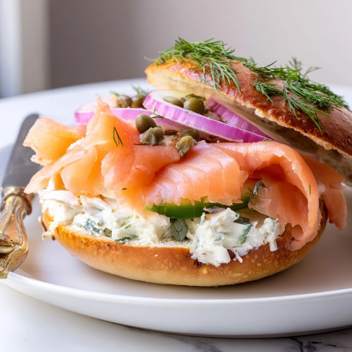 Wunderbare Smoked Salmon & Dill Bagel Sandwiches: Frischkäse-Dill Mischung auf geröstetem Bagel.