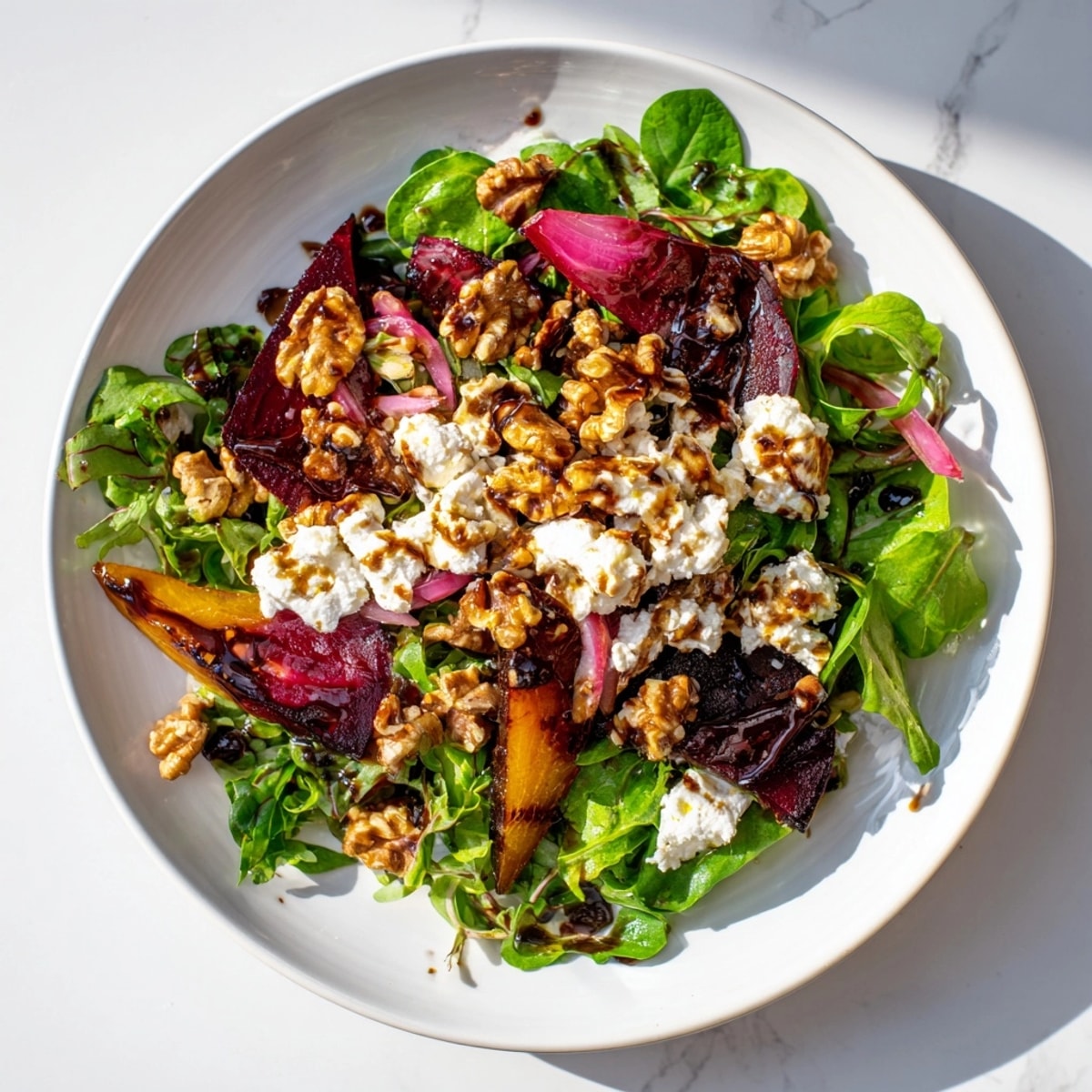 Bild von einem leuchtend bunten gerösteten Rübensalat mit cremigem Ziegenkäse und Balsamico-Dressing.