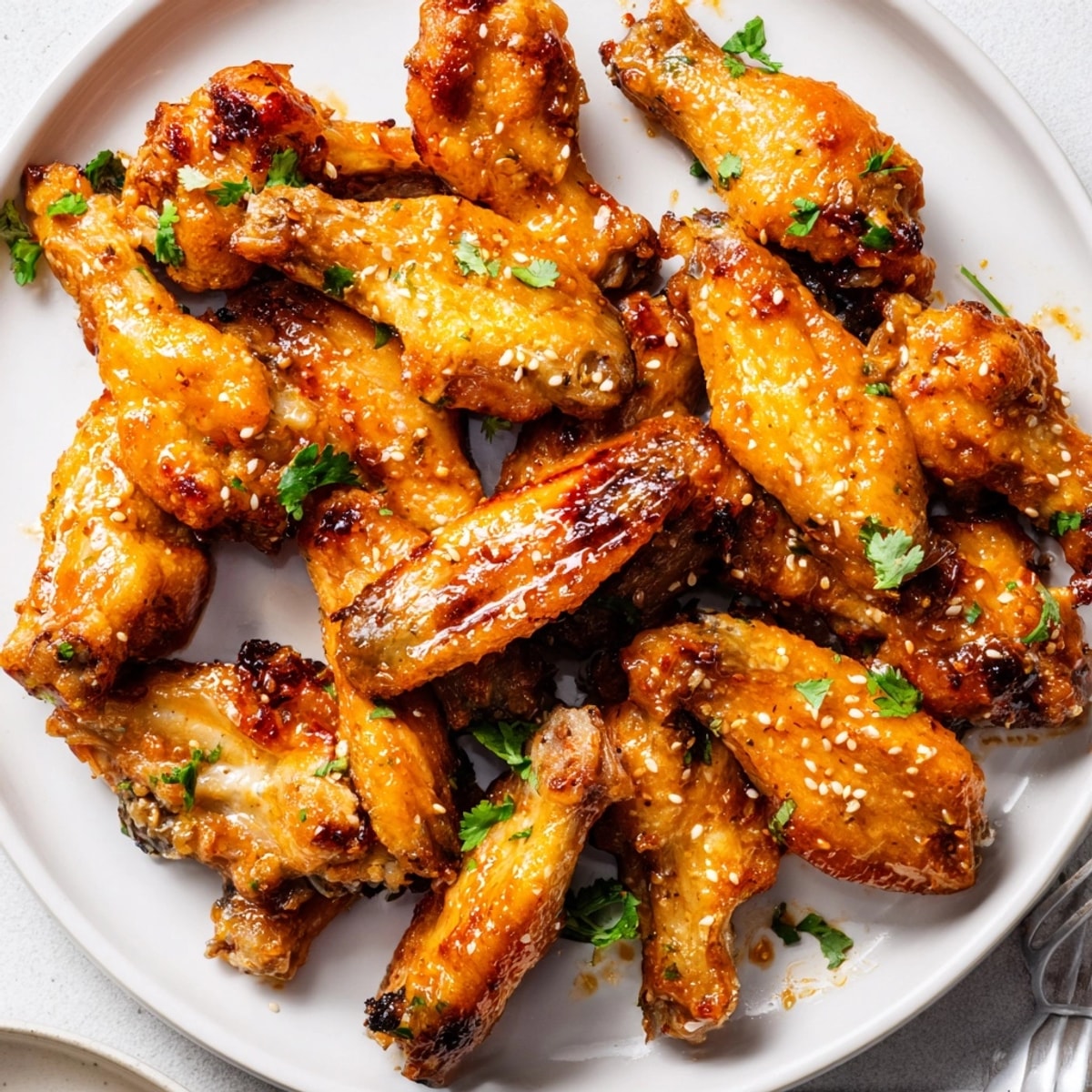 Knusprige Honey Sriracha Chicken Wings, goldbraun gebacken und perfekt für einen Imbiss.
