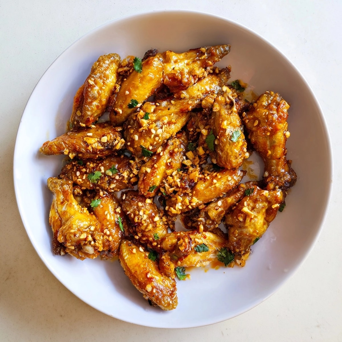 Nahaufnahme von duftenden Honey Sriracha Chicken Wings, garniert mit Sesam und Kräutern.