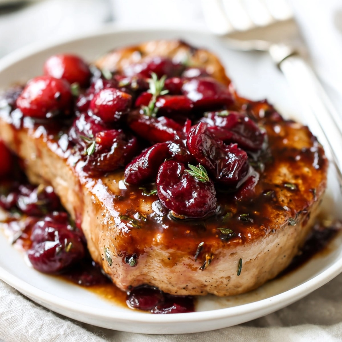 Saftige Kirsch-Balsamico-glasierte Schweinekoteletts duften, perfekt gebraten, ein schnelles, elegantes Abendessen.