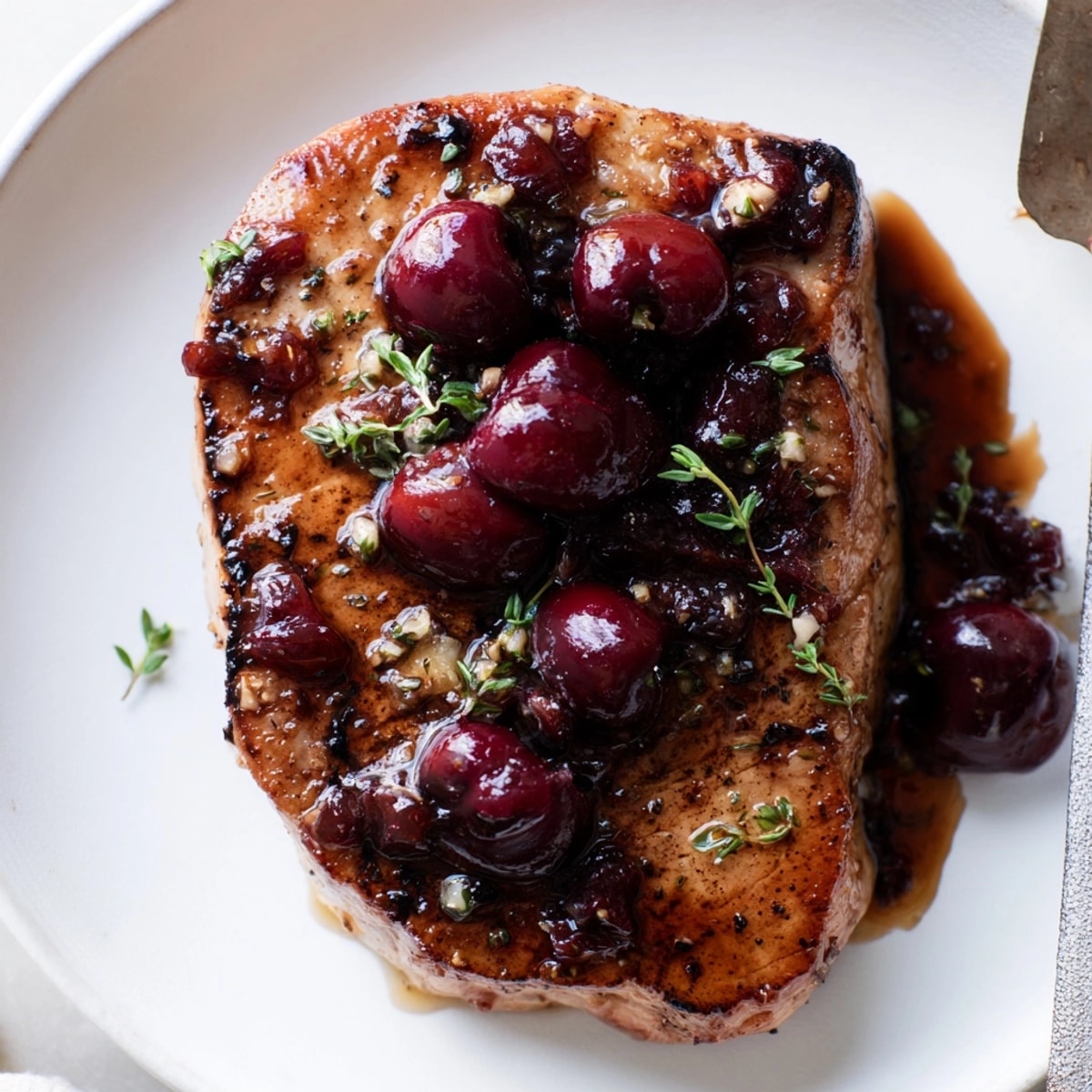 Glasierte Cherry-Balsamico-Schweinekoteletts, beträufelt mit glänzender süß-säuerlicher Soße, serviert mit Kartoffelpüree.