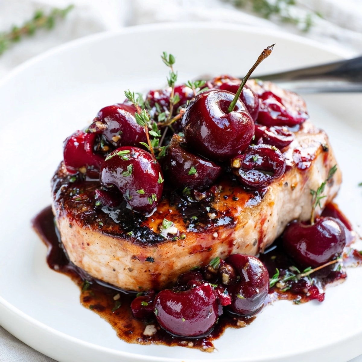 Ein Teller Cherry-Balsamico-Schweinekoteletts, ein dampfendes, verlockendes Hauptgericht fertig zum Genießen.