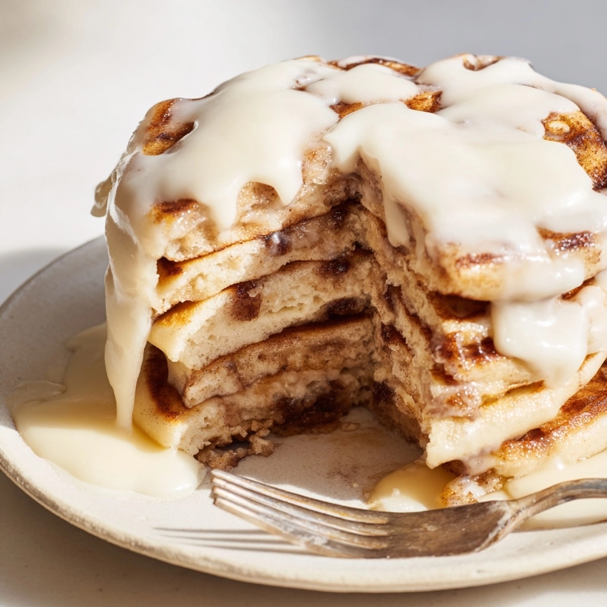 Ein goldbraunes Cinnamon Roll Pancake Bake, frisch aus dem Ofen und duftend.