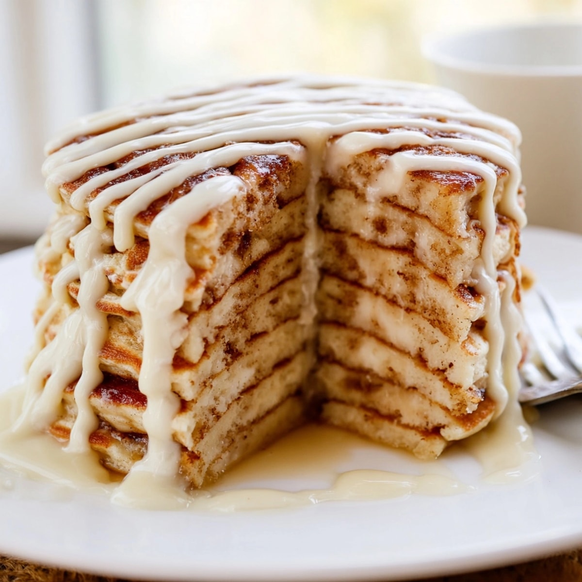 Nahaufnahme eines saftigen Cinnamon Roll Pancake Bake Auflaufs mit cremigem Guss.