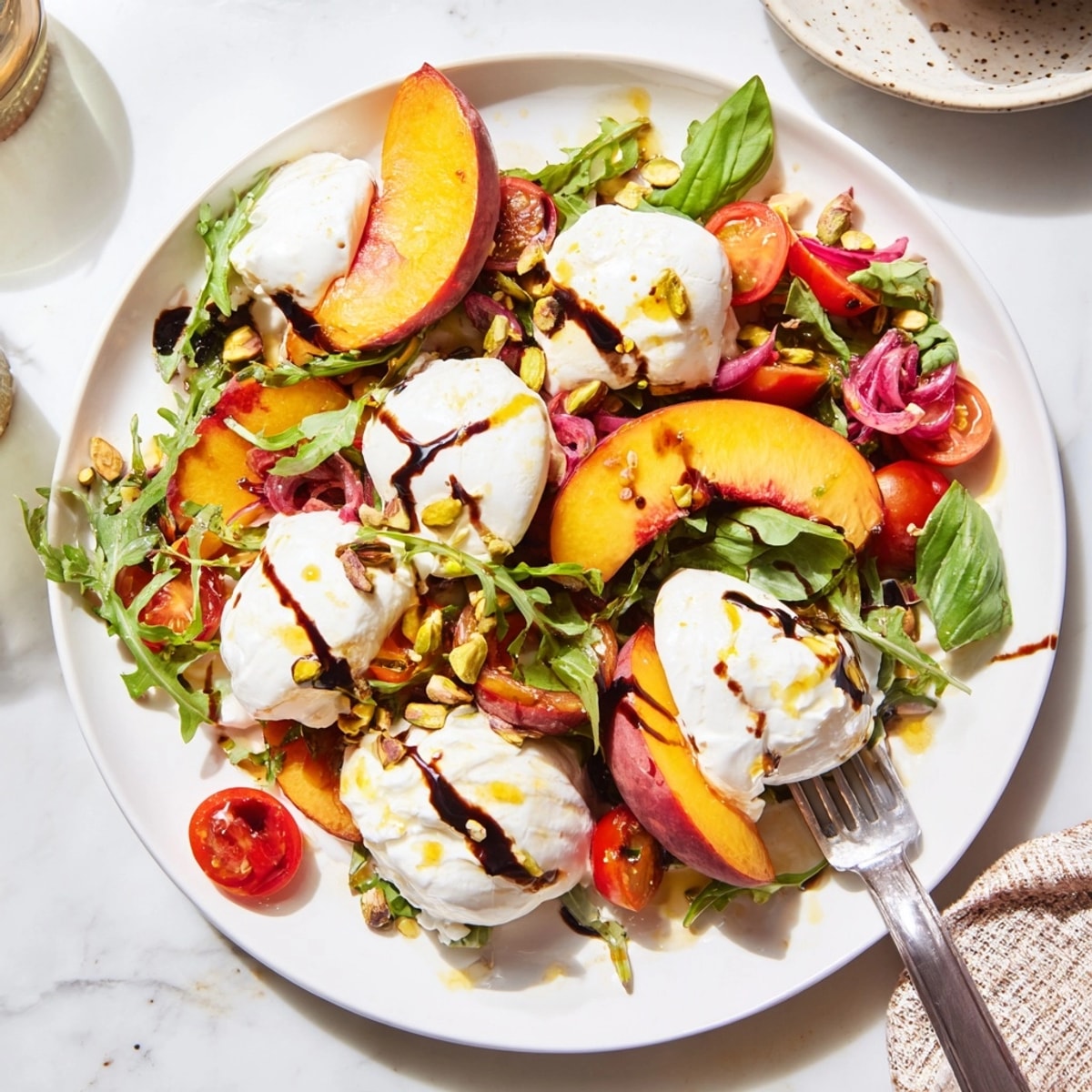 Gegrillter Pfirsich- und Burrata-Salat: Saftige Pfirsiche vom Grill über cremigem Burrata-Käse.