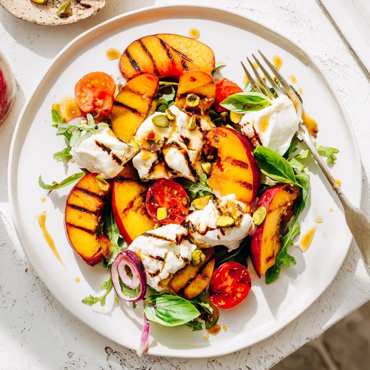 Ein frischer gegrillter Pfirsich- und Burrata-Salat mit Balsamico - perfekt für ein Sommeressen.