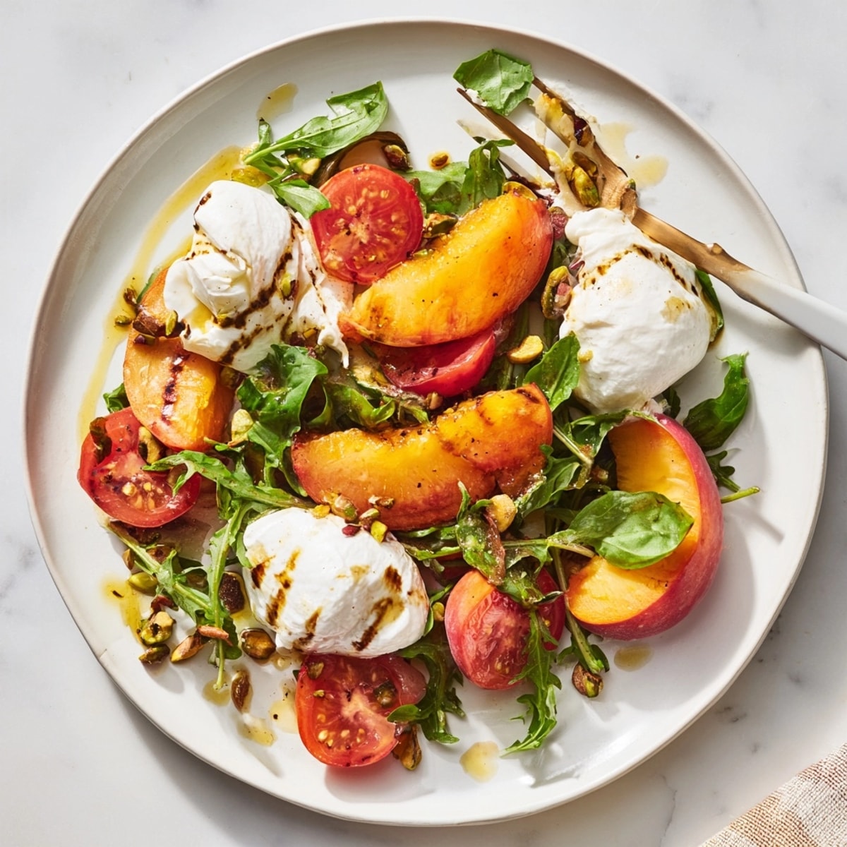Sommerlicher gegrillter Pfirsich- und Burrata-Salat: Fruchtige Pfirsiche, cremiger Käse, knackiger Rucola, mit Balsamico beträufelt.