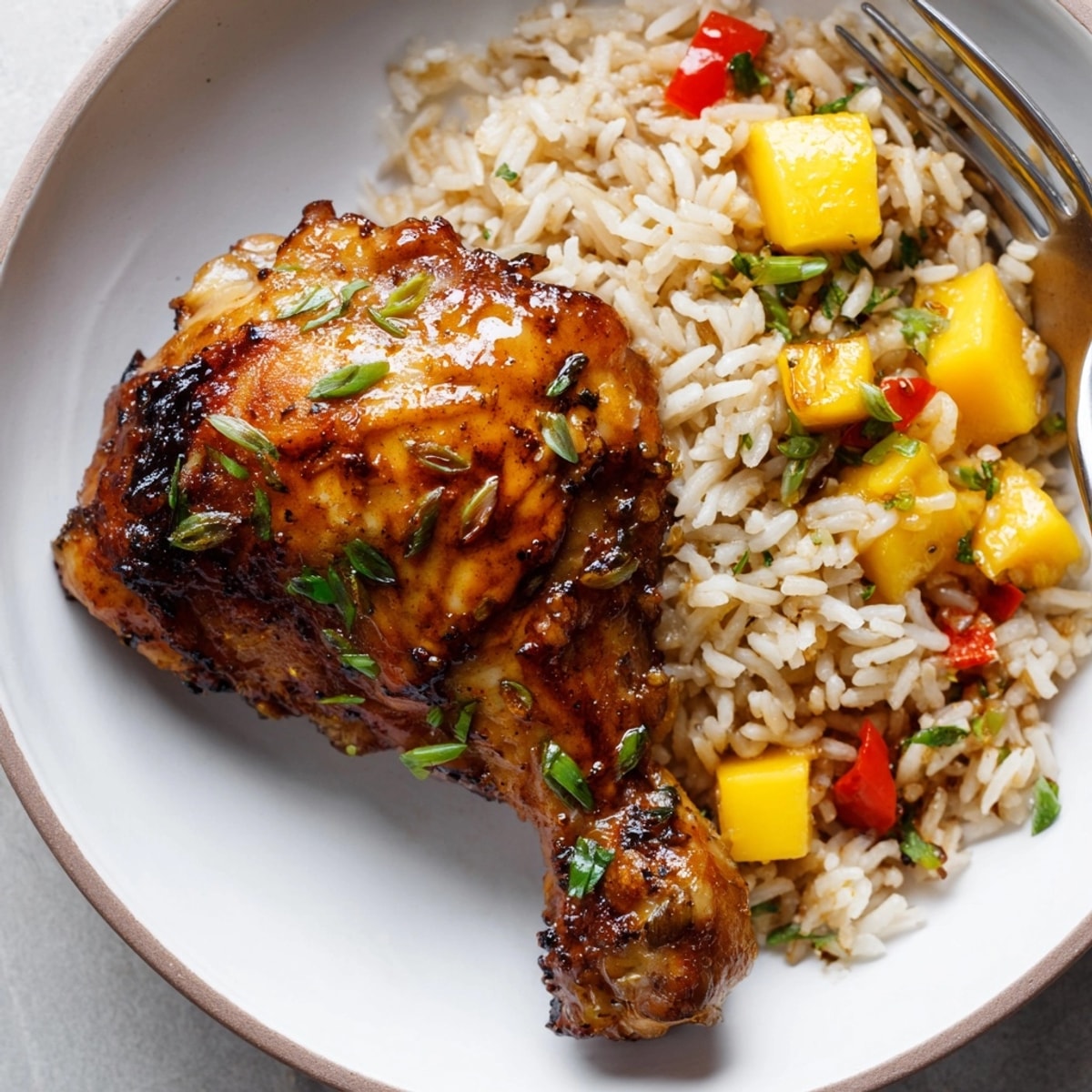 Saftiges Jerk Chicken mit Mango-Reis, dampfend und servierfertig.