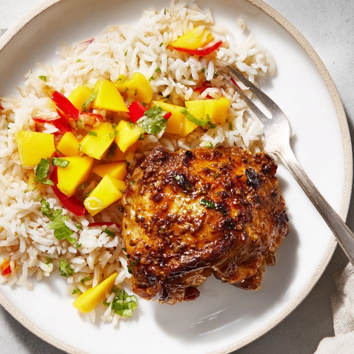 Nahaufnahme von karibischem Jerk Chicken mit duftendem, fruchtigem Mango-Reis.