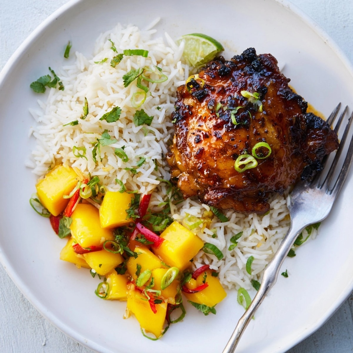 Schmackhaftes, würziges Jerk Chicken-Gericht, perfekt mit süßem Mango-Reis für eine lebendige Mahlzeit.