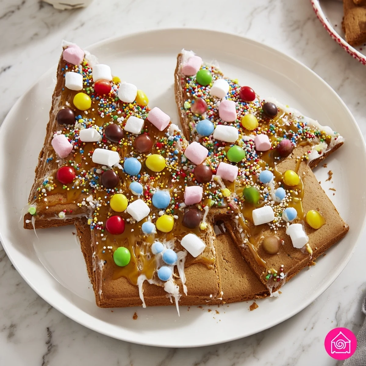 Building a festive gingerbread house: a close-up of the delicious spiced cookies and colorful decorations.