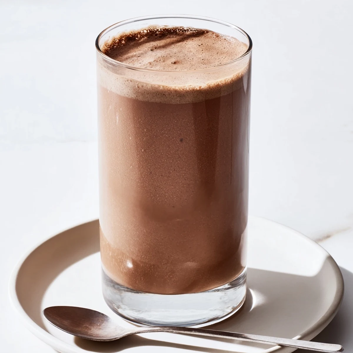 A refreshing glass of chocolate milk, topped with whipped cream, ready for a delicious treat.