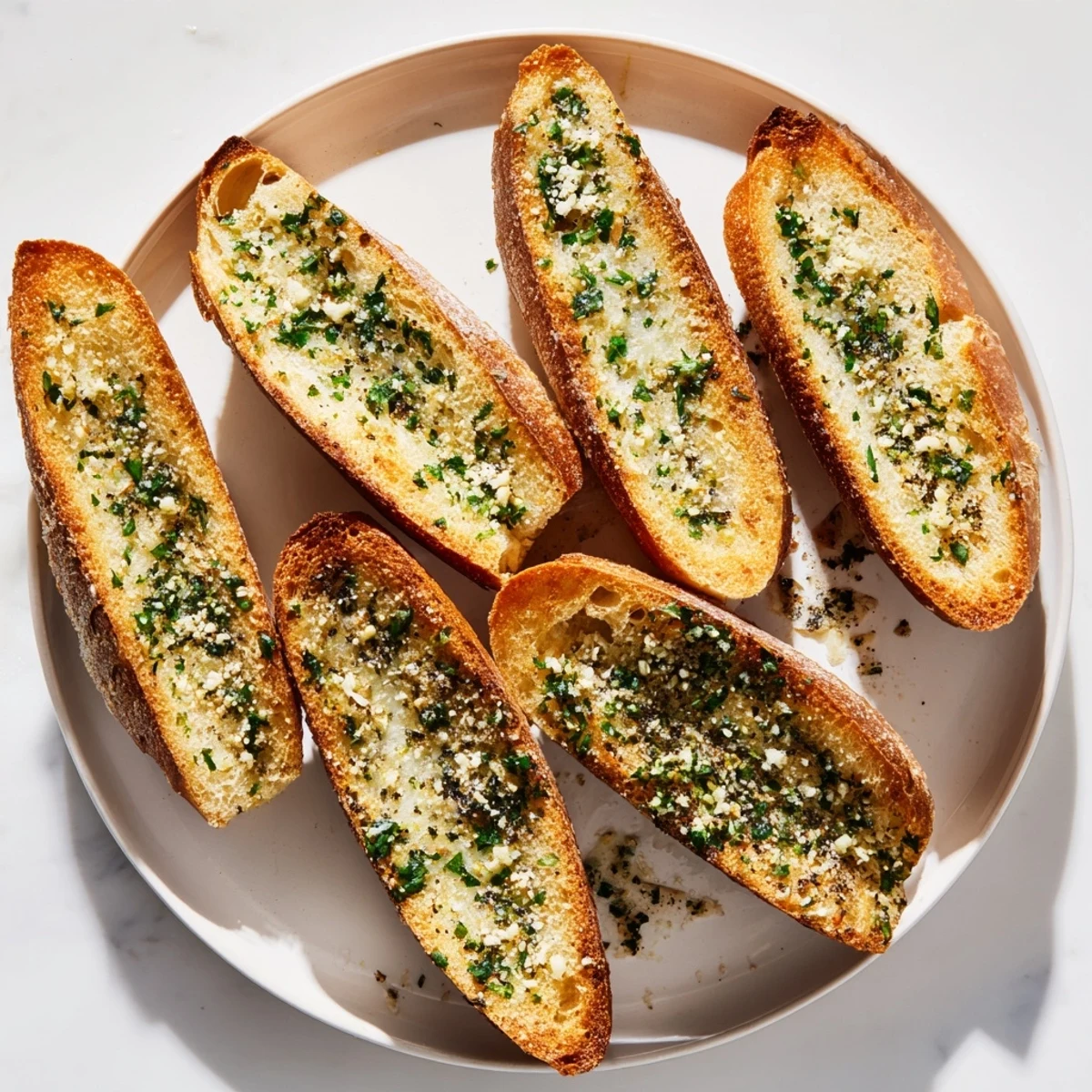 Warm, inviting image of toasted Garlic Bread, generously buttered with herbs and garlic.