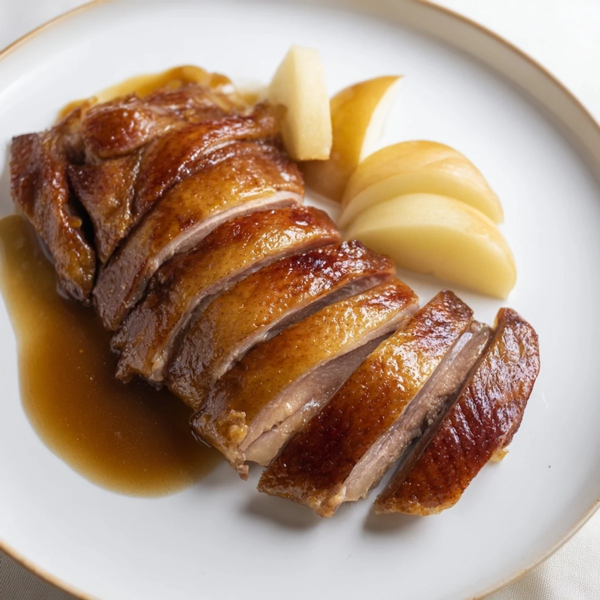 Crispy-skinned Roasted Goose, glistening and fragrant, surrounded by roasted vegetables on a platter.
