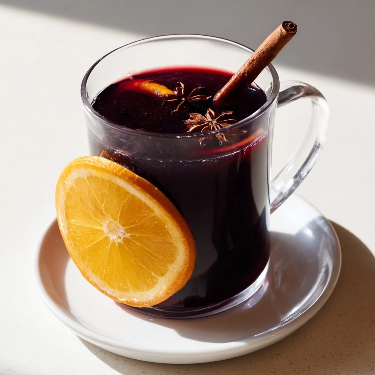 Rich, deep-red Spiced Grape Juice, simmering in a pot with whole spices, ready for serving.