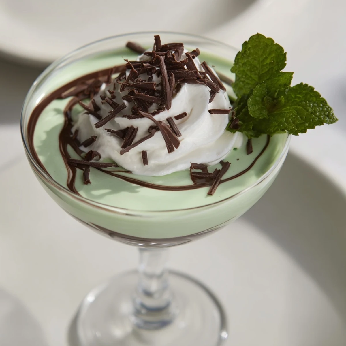 A chilled Peppermint Patty cocktail in a martini glass, garnished with whipped cream and chocolate.