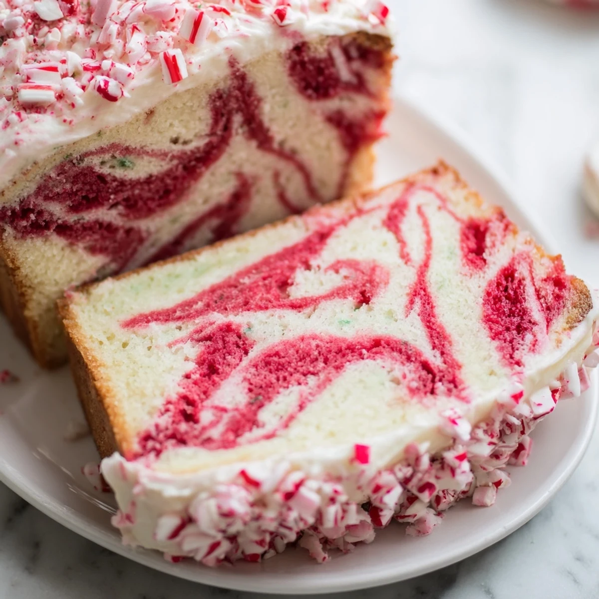 Festively swirled Peppermint Swirl cake, featuring layers of vanilla and peppermint batter, topped with creamy frosting.