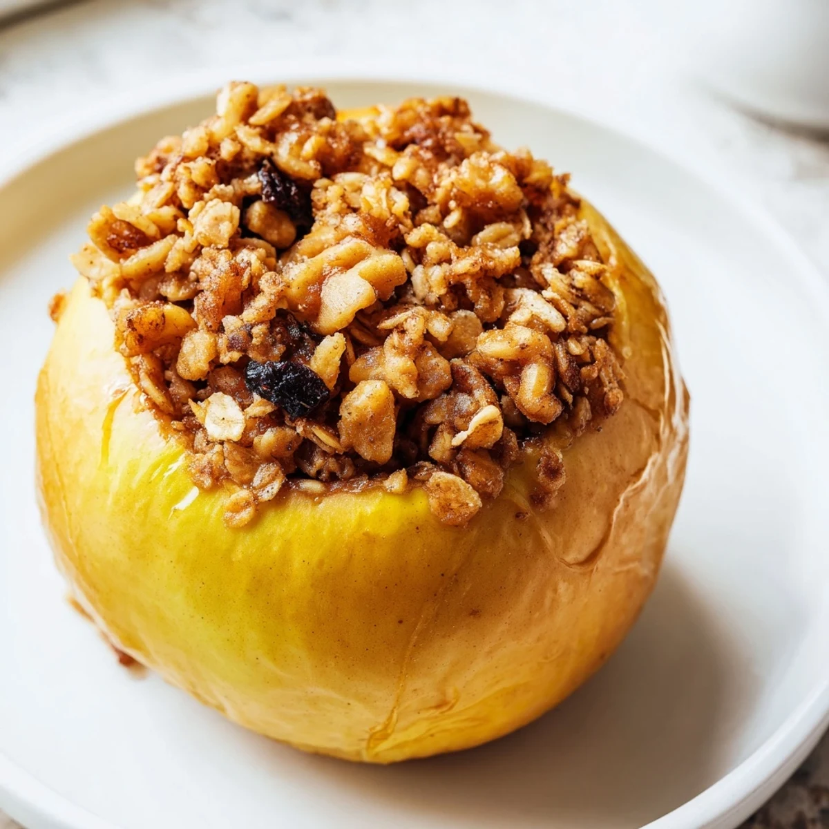 A close-up shot of Baked Apple, showing the tender apple skin and a sweet, nutty filling.
