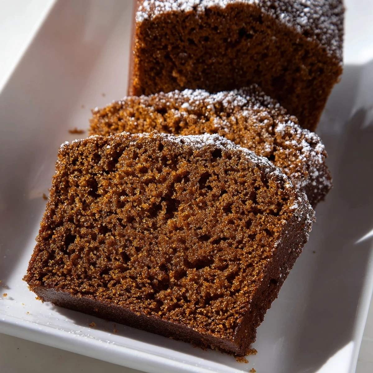 A warm gingerbread cake slice with a dusting of powdered sugar, perfect for dessert.