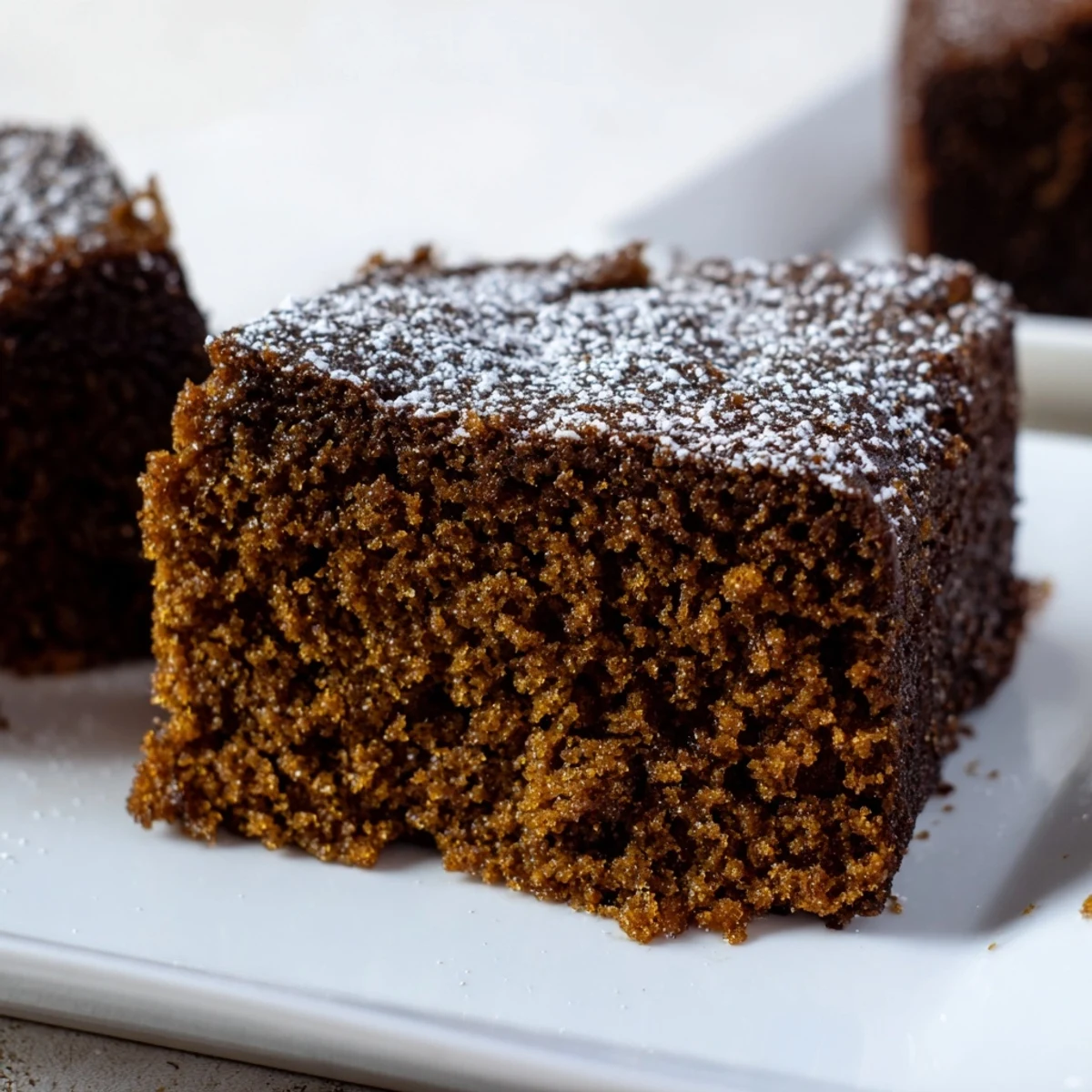 Moist gingerbread cake, golden and fragrant, ready to be served for a cozy autumn treat.