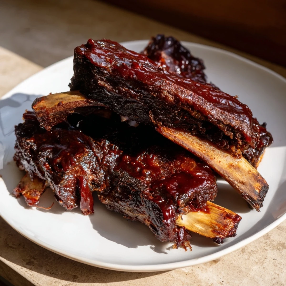 Tender, slow-cooked beef ribs glistening with barbecue sauce, ready for your next cookout.