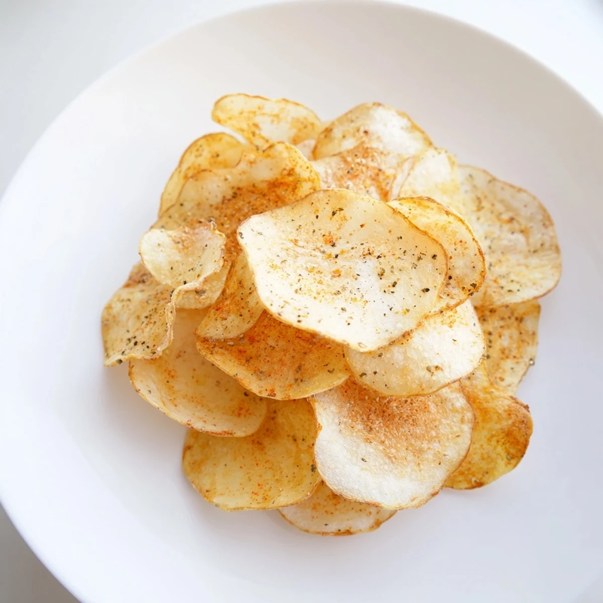 Homemade Crispy Chips, seasoned with spices, freshly pulled from the oven, offering a delightful crunch.