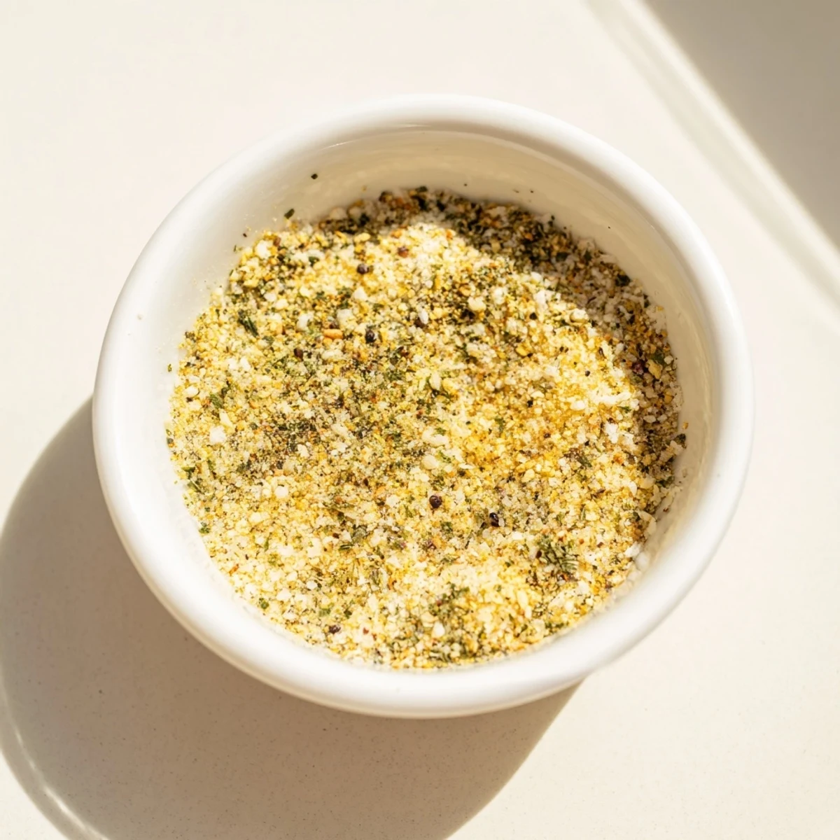 Homemade garlic salt in a glass jar, a savory seasoning blend with vibrant flecks of parsley.