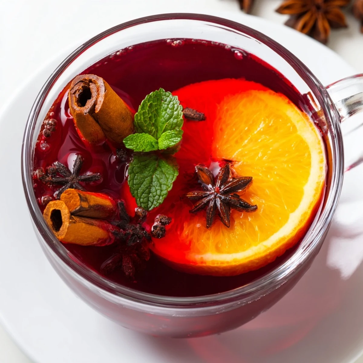 Bright red Cranberry Tea, beautifully garnished with fresh mint, a warming beverage.