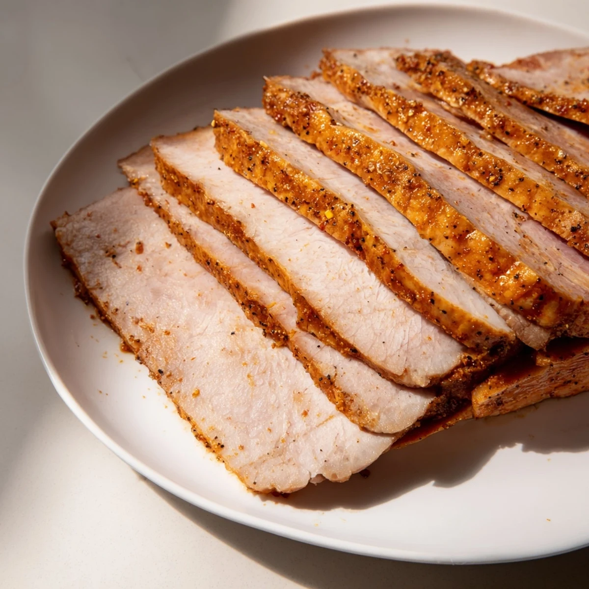 Juicy spiced turkey ham slices, ready to be enjoyed as a hearty gluten-free main course.