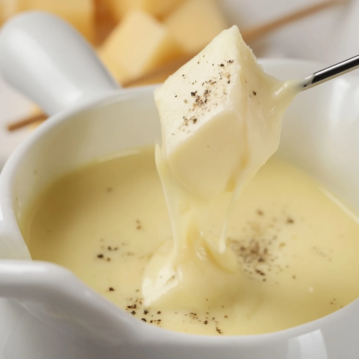 A rich, bubbly pot of Savory Cheese Fondue, ready for dipping with bread and vegetables.