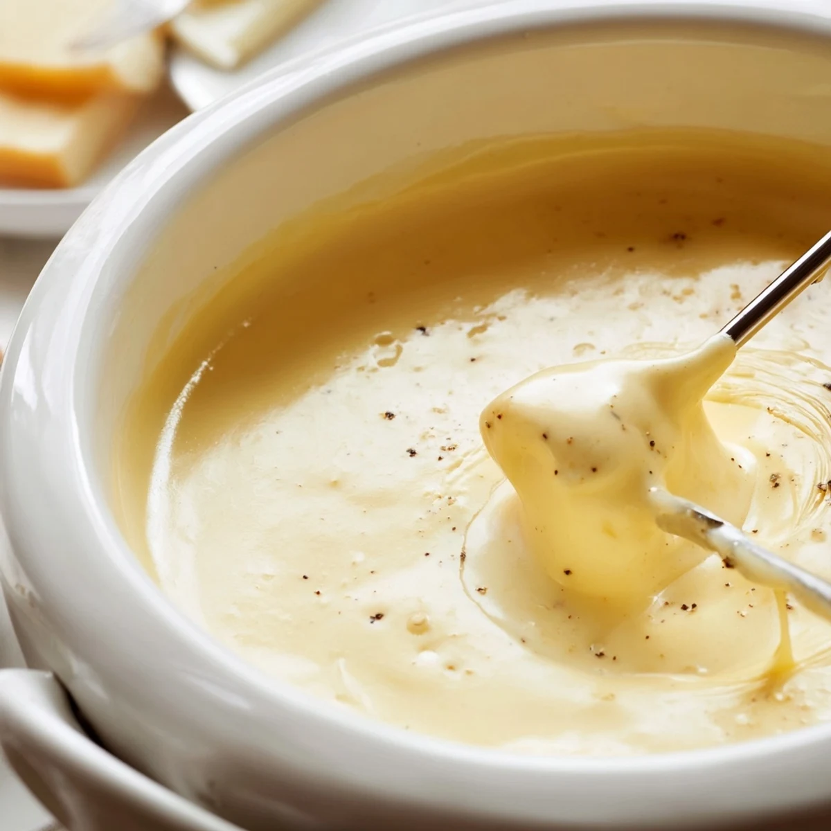 Close-up of stringy, melted Savory Cheese Fondue, ideal for dipping with carrots and potatoes.
