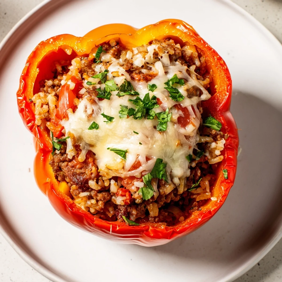 Saftige Baked Stuffed Bell Peppers mit geschmolzenem Käse, perfekt gebacken und servierbereit.
