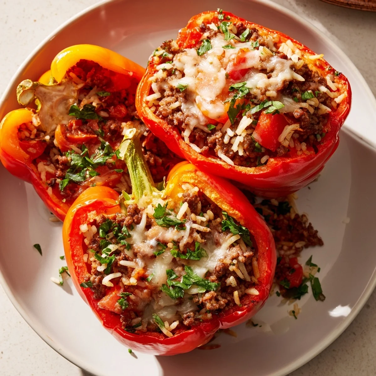 Ansicht von oben: Gefüllte Baked Stuffed Bell Peppers mit leuchtendem Gemüse, dampfend im Ofen.