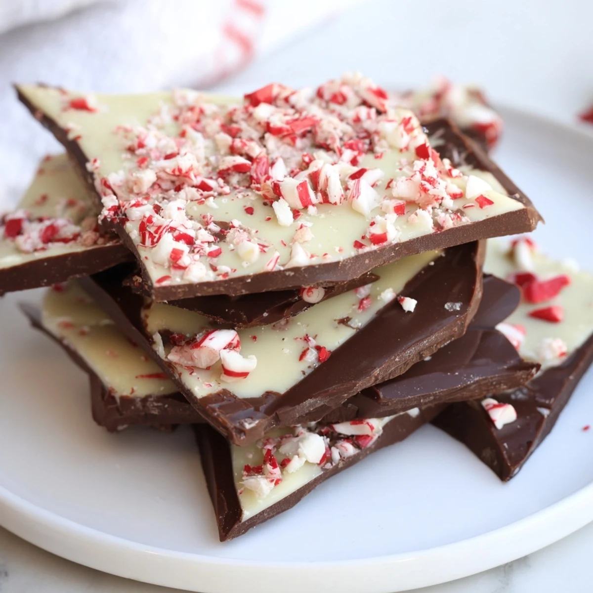 A close-up of delicious Chocolate Peppermint Bark, showing layers of chocolate and peppermint.
