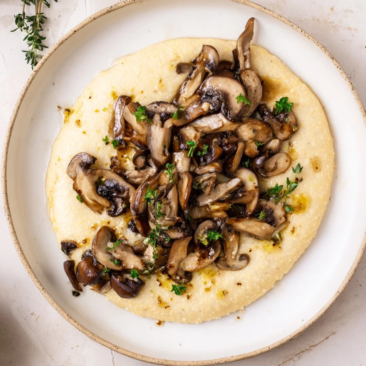 Warm bowl of creamy polenta with mushrooms, topped with fresh parsley for a delightful meal.