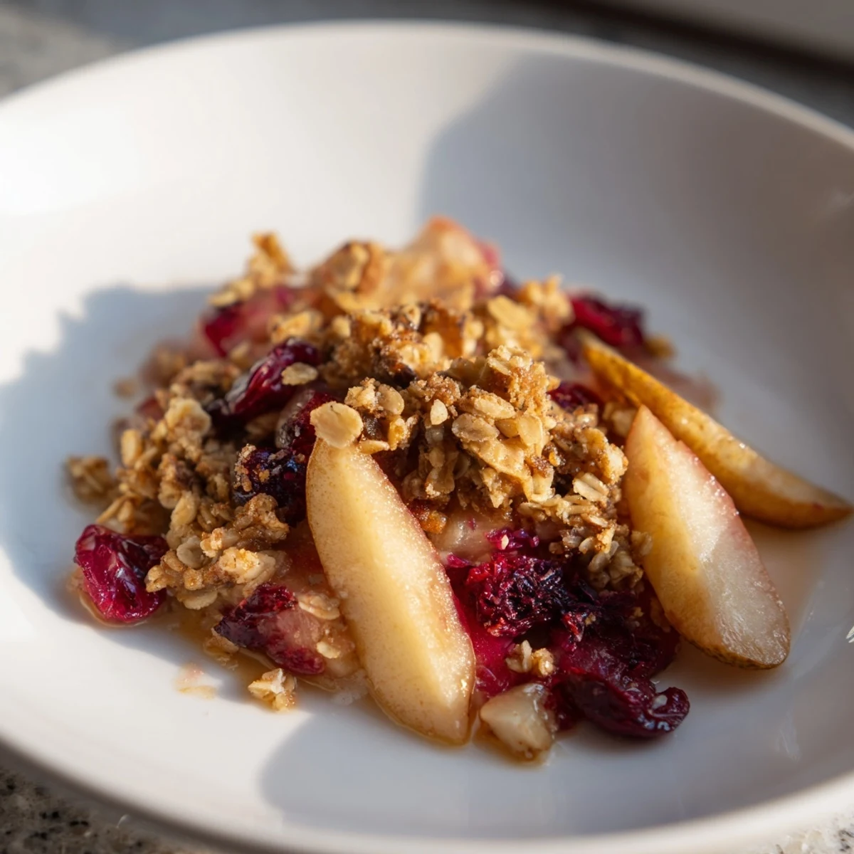 Freshly baked Spiced Pear and Cranberry Crisp, a comforting dessert, ready to serve with ice cream.