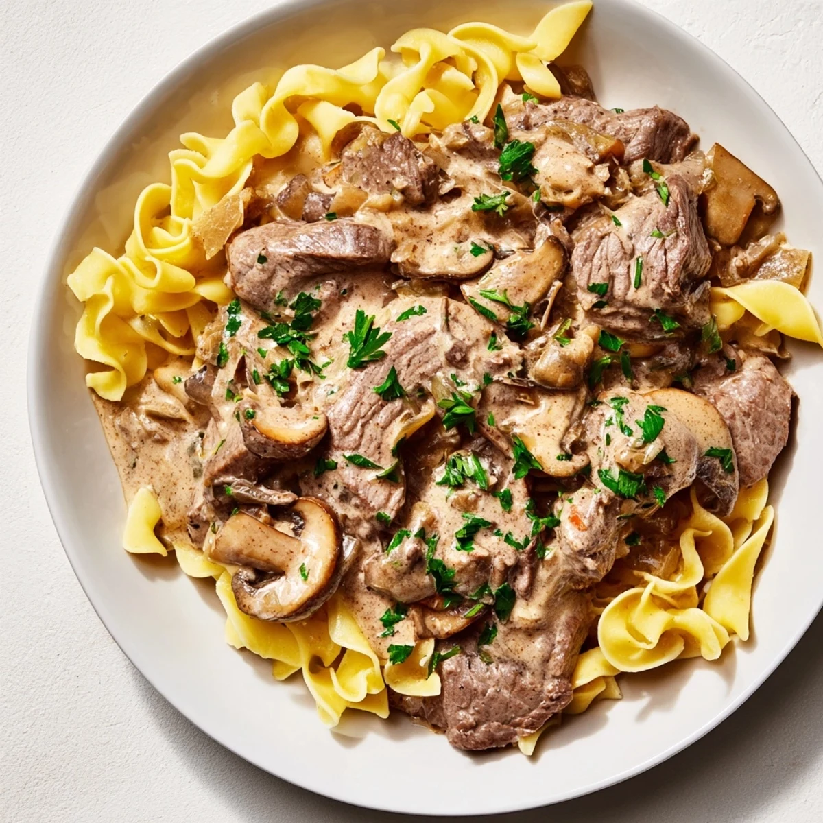 Tender beef strips in a rich sauce: a close-up of Beef and Mushroom Stroganoff served over noodles.