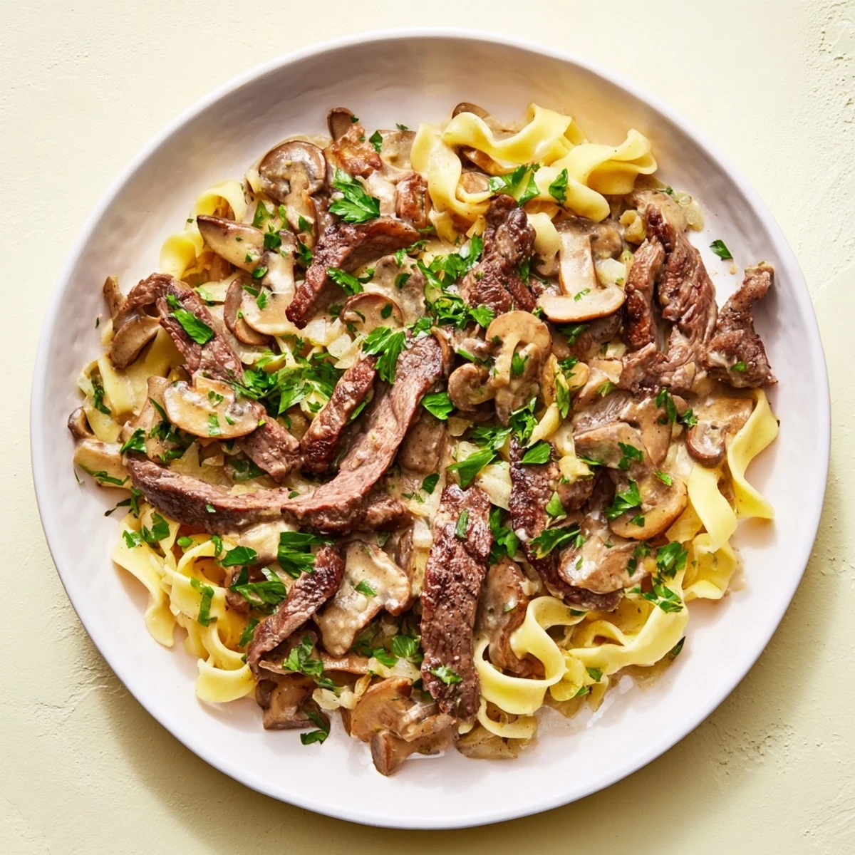 Creamy Beef and Mushroom Stroganoff, with juicy beef and mushrooms in a delectable, savory sauce.