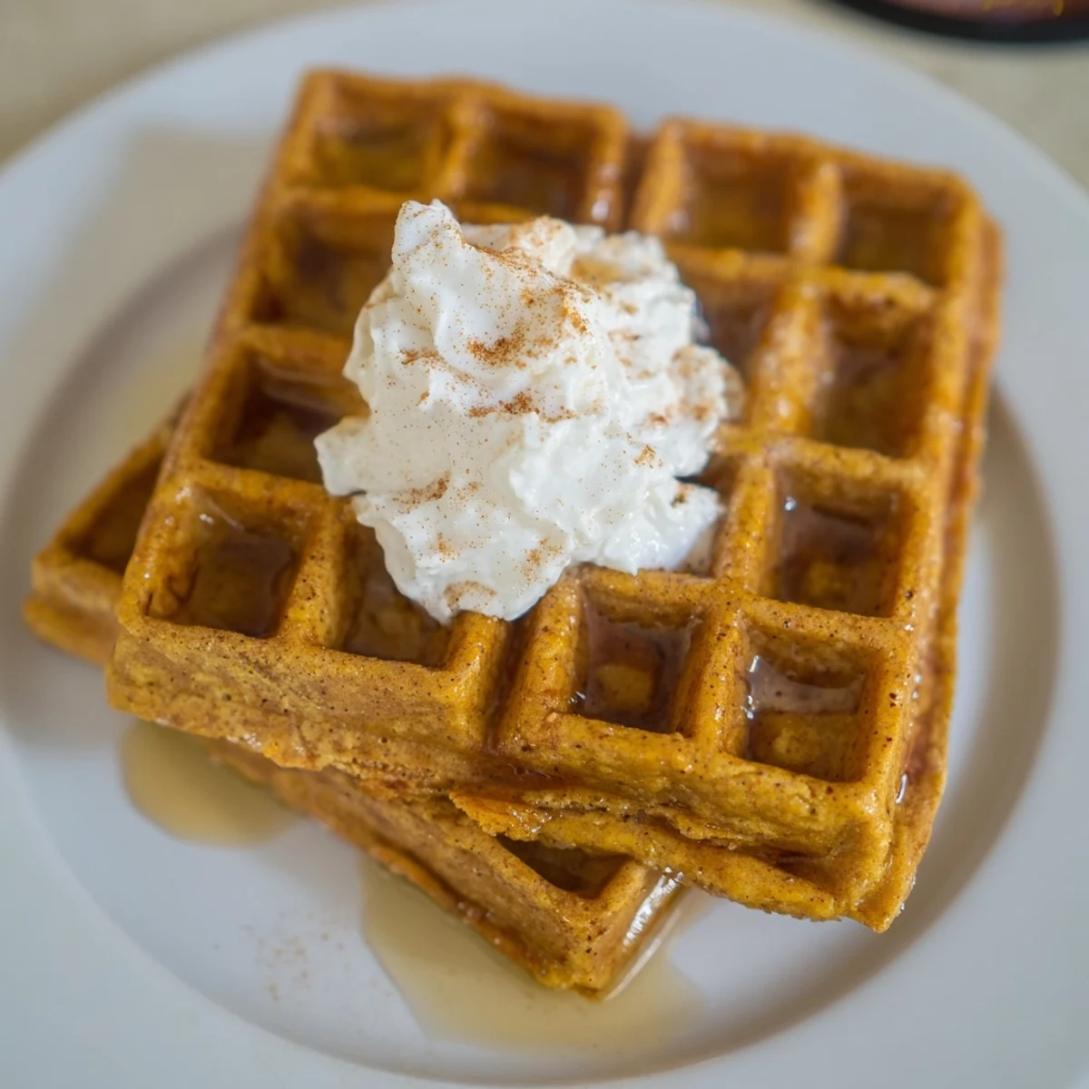 Warm gingerbread waffles, golden and crispy, perfect with whipped cream for a festive brunch.