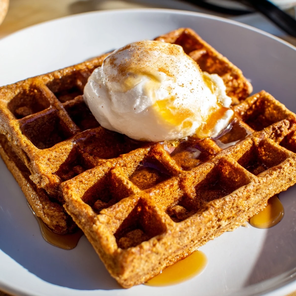 Fluffy gingerbread waffles, freshly made, offering a fragrant, spicy aroma for a delicious breakfast.