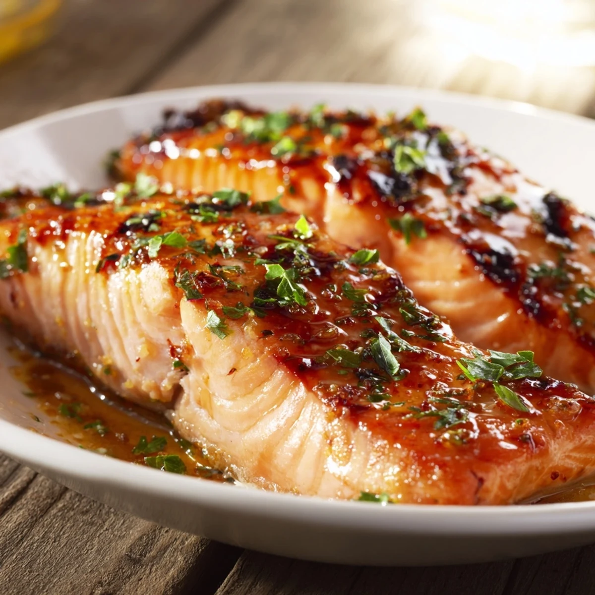 Vibrant Lemon Herb Grilled Salmon, cooked to flaky perfection, ready to serve with lemon wedges.