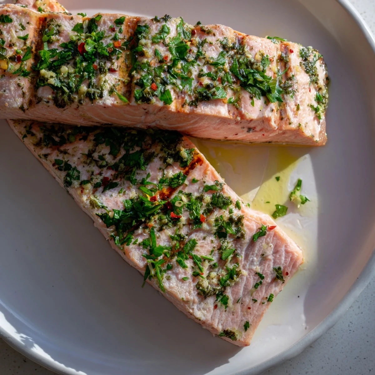 Close-up of golden, grilled Lemon Herb Salmon fillets, showcasing fresh herbs and enticing grill marks.