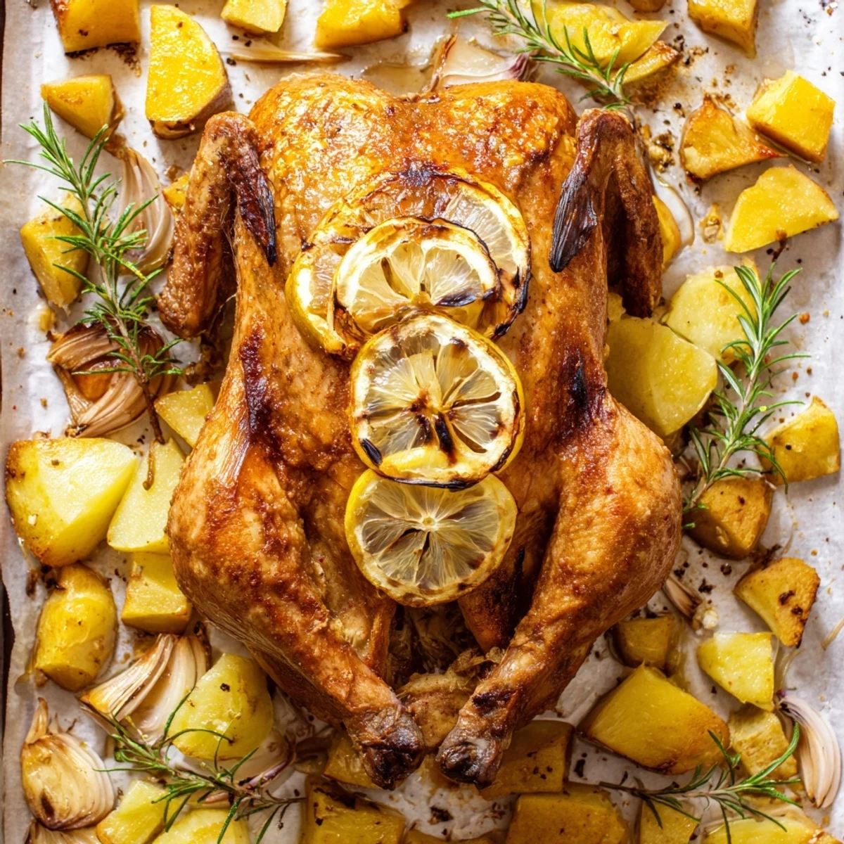Savory roasted chicken with root vegetables, beautifully browned and ready for serving tonight.